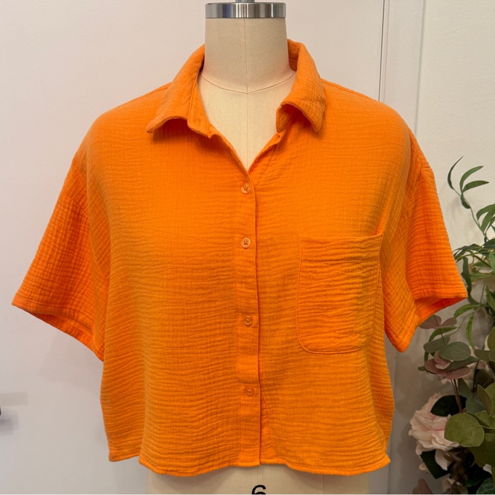DKNY Jeans Soft Gauze Orange Cropped Button Down Shirt NWT Size XS